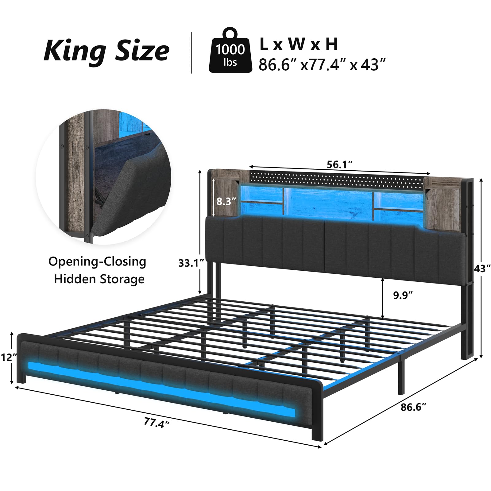 Dnxao King Size Bed Frame and Bookcase Storage Headboard, LED Upholstered Bed Frame King with Charging Station, Light up King Size Platform Metal Bed Frame, No Box Spring Needed, Charcoal Gray