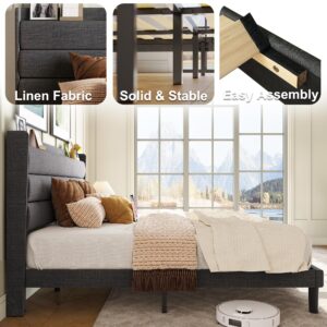 LIKIMIO King Size Bed Frame, Storage Headboard with Outlets, Sturdy and Stable, No Noise, No Box Springs Needed, Dark Gray