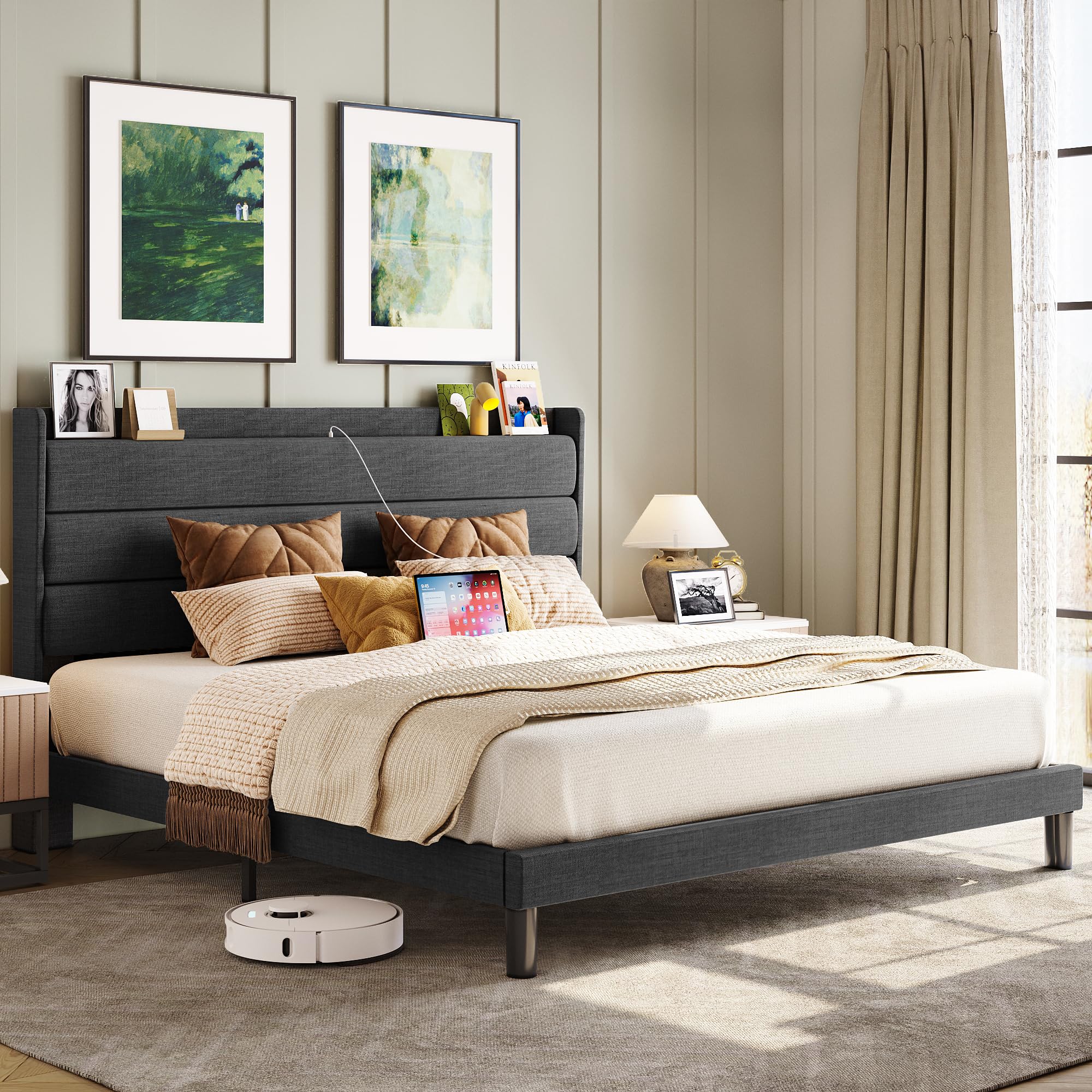 LIKIMIO King Size Bed Frame, Storage Headboard with Outlets, Sturdy and Stable, No Noise, No Box Springs Needed, Dark Gray