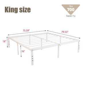 alazyhome 18 Inch Metal King Size Bed Frame Heavy Duty Platform Noise Free Steel Slat Support Easy Assembly Noise Free No Box Spring Required White