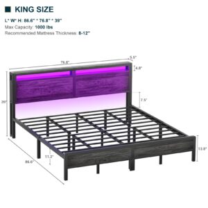 Homieasy King Size Bed Frame with Charging Station and Led Lights, Industrial Metal Platform Bed with Storage Headboard, Steel Slat Support, No Box Spring Needed, Noise-Free, Easy Assembly, Black Oak