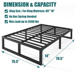 Yitong Angel King Bed Frame, 14 Inch High 3500 lbs Metal Platform, Mattress Foundation with Steel Slat Support/No Box Spring Needed/Noise Free/Non-Slip/Easy Assembly