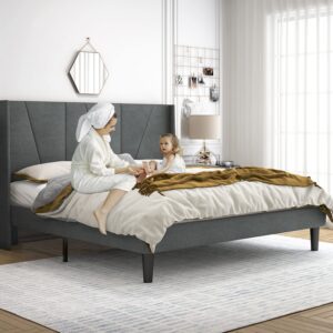 HOOMIC King Size Platform Bed Frame with Geometric Wingback Headboard, Wooden Slats Support, No Box Spring Needed, Modern Style in Dark Grey