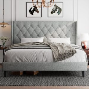 iPormis King Size Bed Frame with Upholstered Wingback, Platform Bed Frame with Diamond Button Tufted Headboard, 8" Under-Bed Space, Sturdy Wooden Slats, Noise-Free, No Box Spring Needed, Light Grey