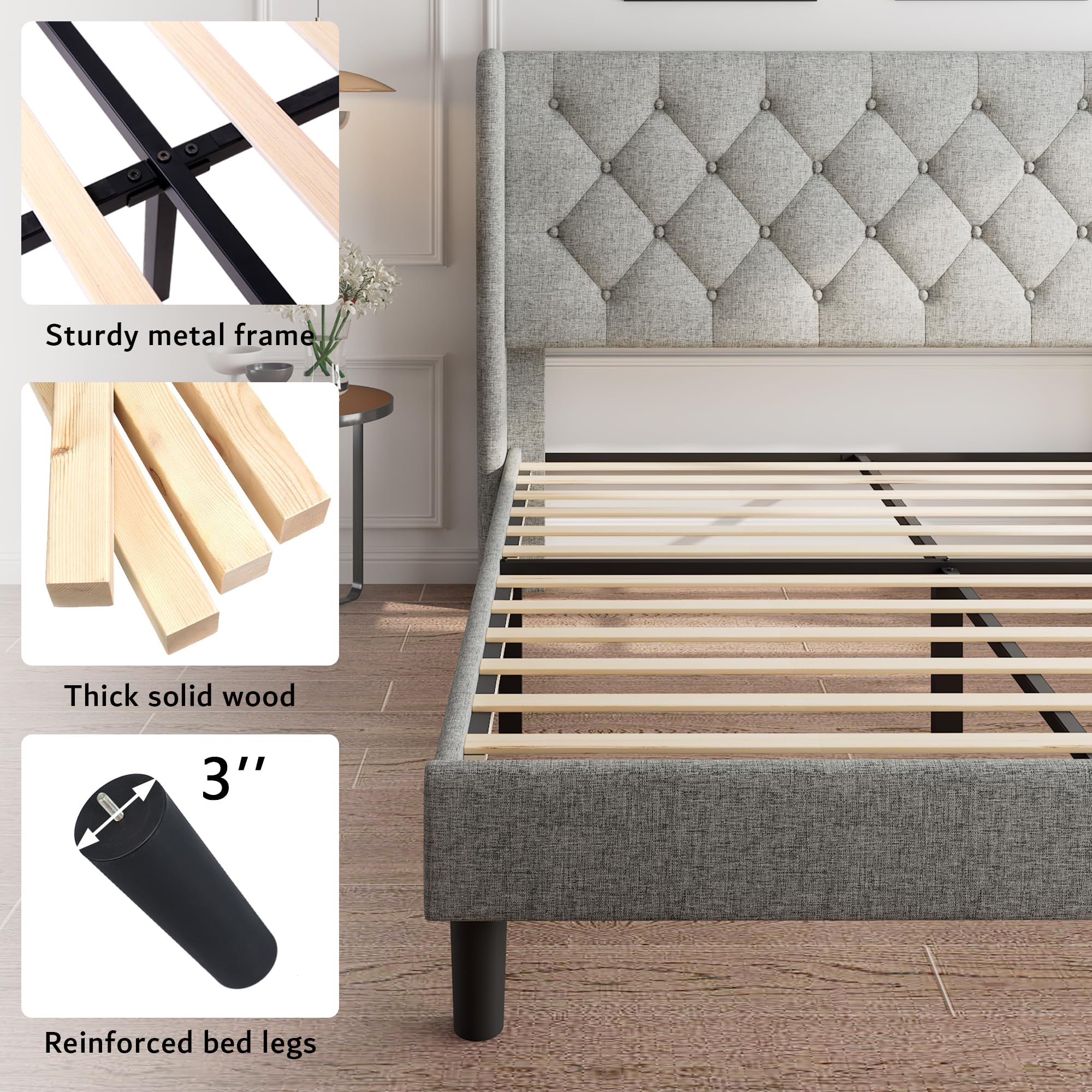 iPormis King Size Bed Frame with Upholstered Wingback, Platform Bed Frame with Diamond Button Tufted Headboard, 8" Under-Bed Space, Sturdy Wooden Slats, Noise-Free, No Box Spring Needed, Light Grey