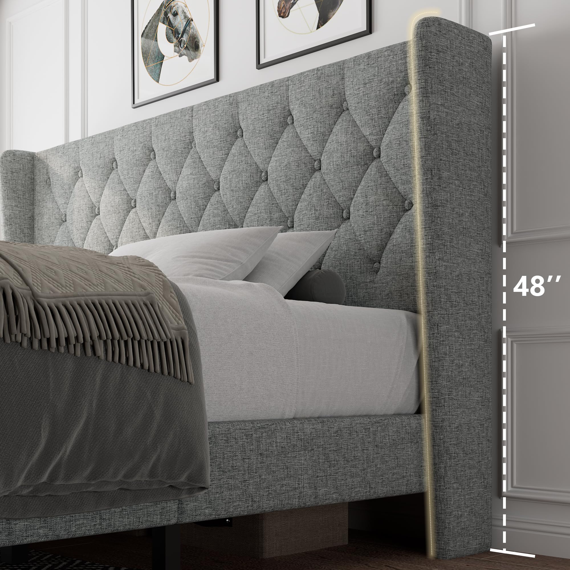 iPormis King Size Bed Frame with Upholstered Wingback, Platform Bed Frame with Diamond Button Tufted Headboard, 8" Under-Bed Space, Sturdy Wooden Slats, Noise-Free, No Box Spring Needed, Light Grey