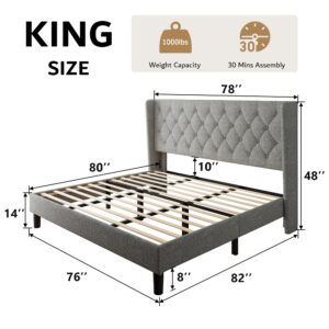 iPormis King Size Bed Frame with Upholstered Wingback, Platform Bed Frame with Diamond Button Tufted Headboard, 8" Under-Bed Space, Sturdy Wooden Slats, Noise-Free, No Box Spring Needed, Light Grey