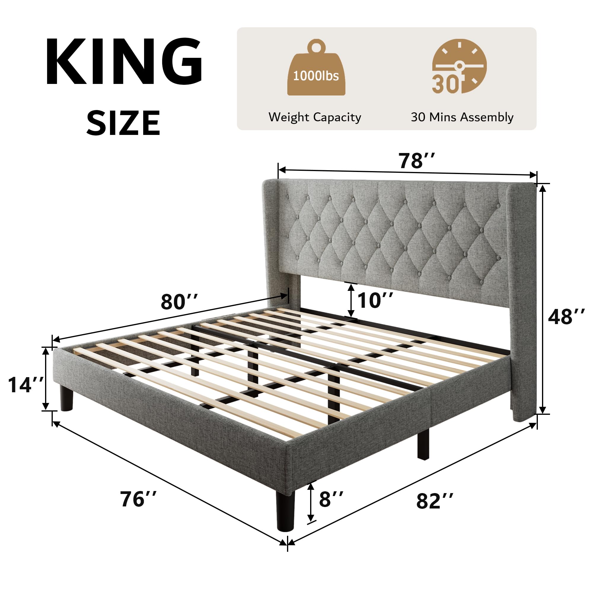 iPormis King Size Bed Frame with Upholstered Wingback, Platform Bed Frame with Diamond Button Tufted Headboard, 8" Under-Bed Space, Sturdy Wooden Slats, Noise-Free, No Box Spring Needed, Light Grey