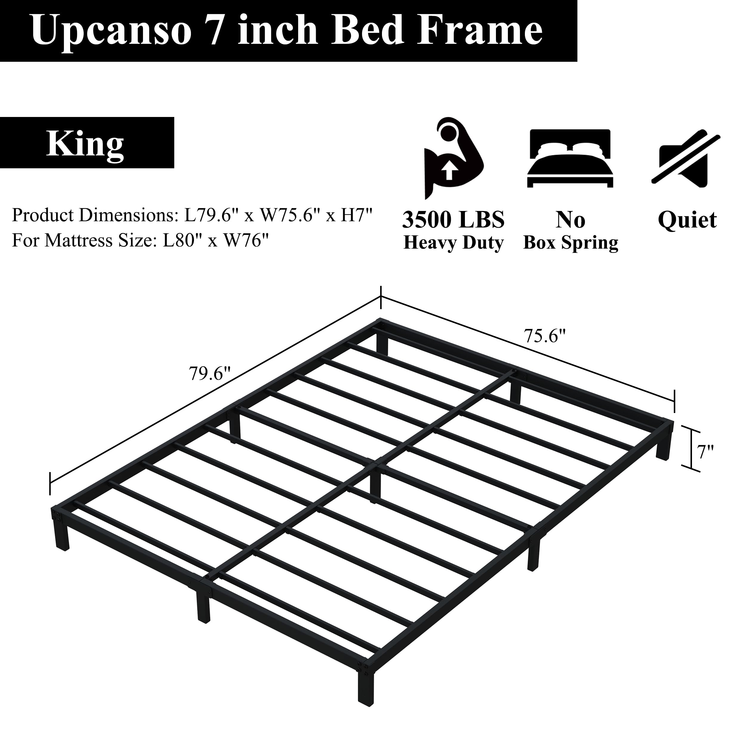 Upcanso 7 Inch King Bed Frame No Box Spring Need, Low Profile Metal Platform King Size Bed Frame, Heavy Duty Support Bedframes King, Easy Assembly