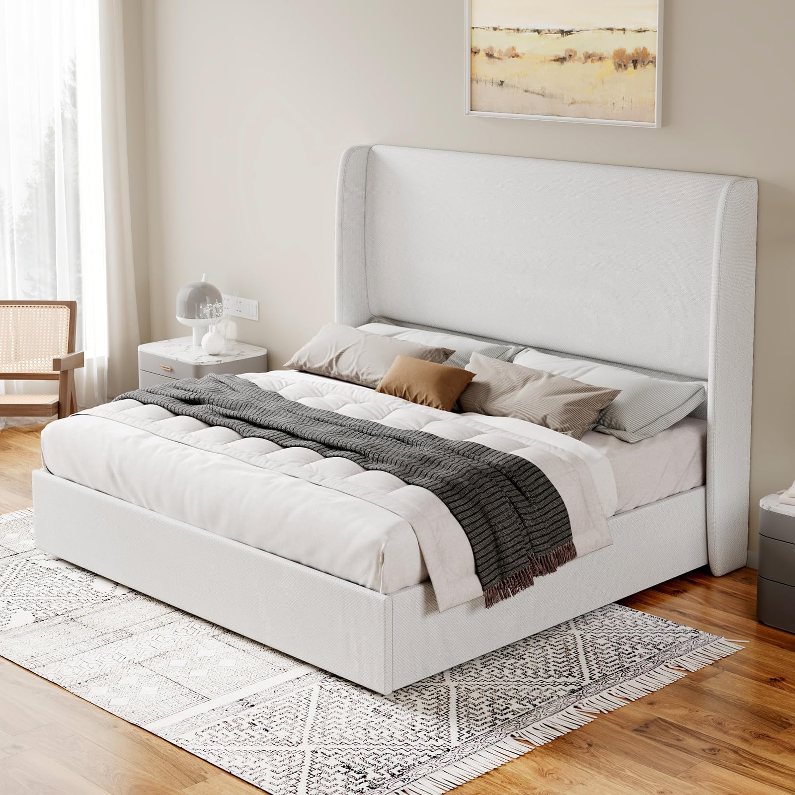 Jocisland King Size Bed Frame with Storage Upholstered Lift Storage Bed Linen Platform Bed with Wingback Headboard/Hydraulic Storage/No Box Spring Needed/Wood Slats Support/White