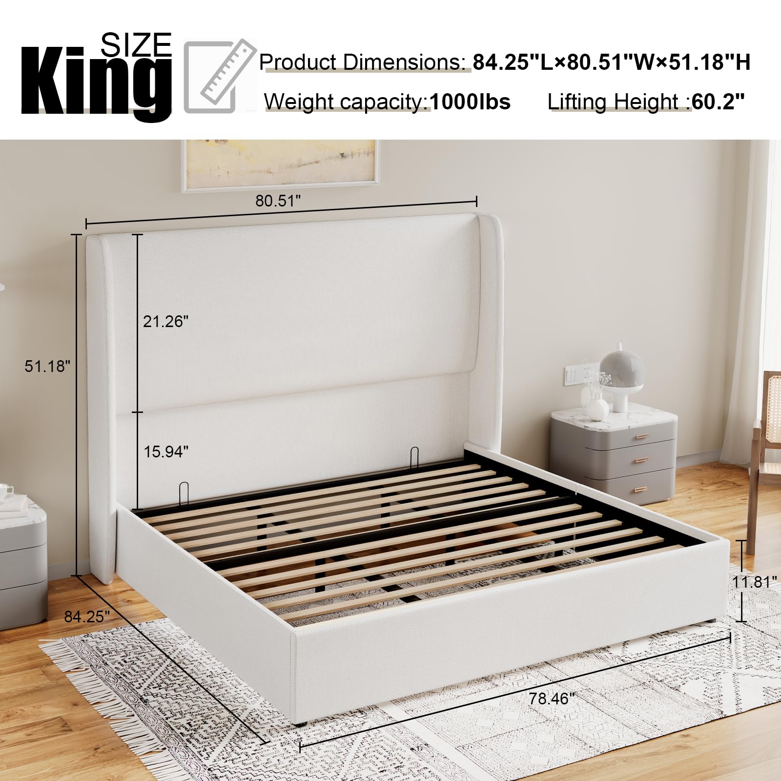 Jocisland King Size Bed Frame with Storage Upholstered Lift Storage Bed Linen Platform Bed with Wingback Headboard/Hydraulic Storage/No Box Spring Needed/Wood Slats Support/White