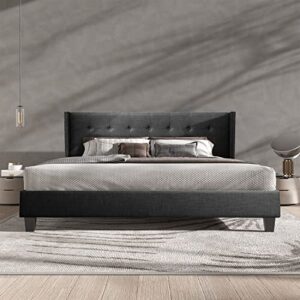 BONSOIR King Size Grey Color Bed Frame Upholstered Traditional Low Profile Platform with Wing Back Headboard Linen Fabric Upholstery/Sand (Dark Grey, King Size)