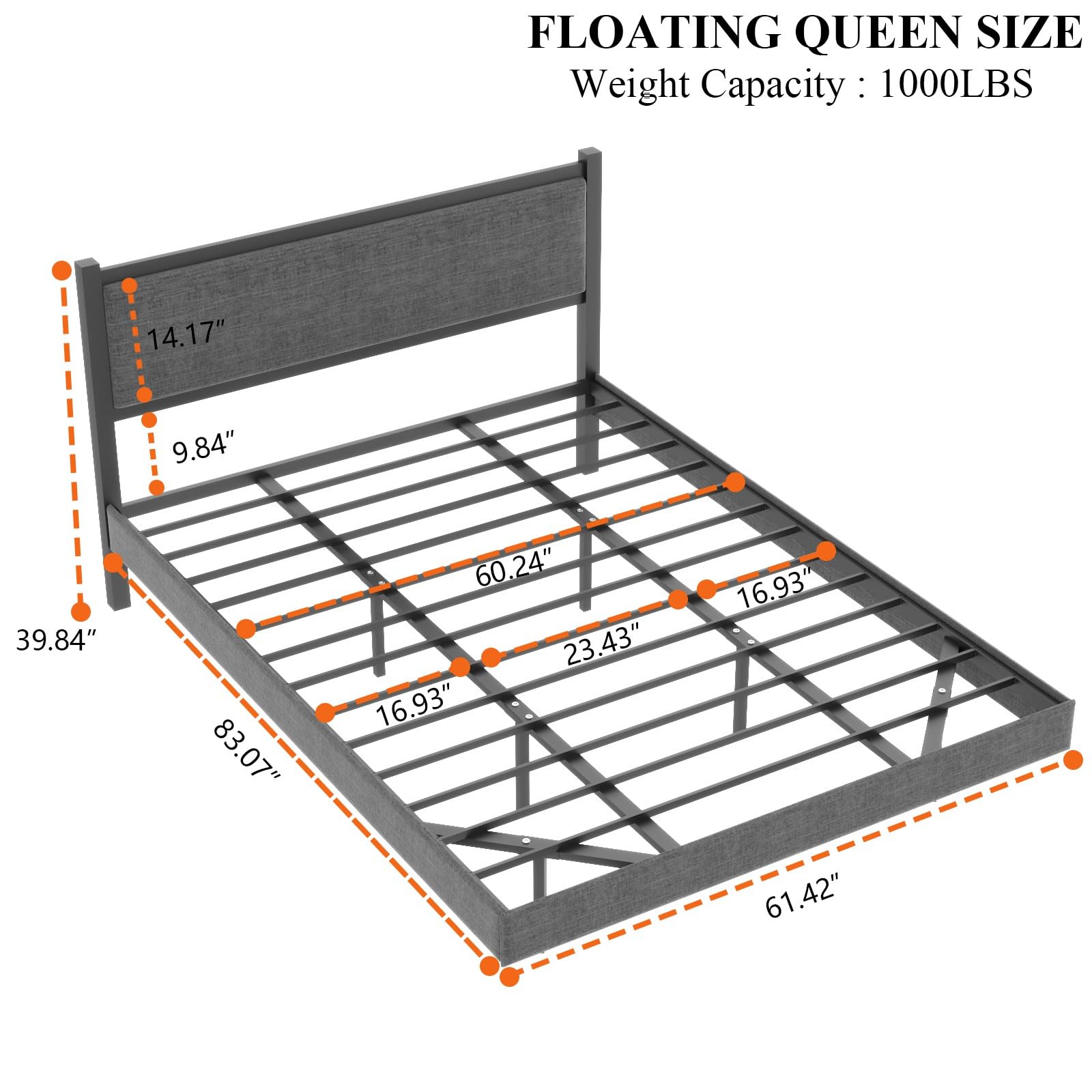 Gyfimoie Queen Floating Bed Frame with LED Light, Modern Upholstered Platform Bed Frame with Double Beams, No Box Spring Needed, Innovative Stable Structure, Easy Assemble