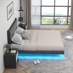 Gyfimoie Queen Floating Bed Frame with LED Light, Modern Upholstered Platform Bed Frame with Double Beams, No Box Spring Needed, Innovative Stable Structure, Easy Assemble