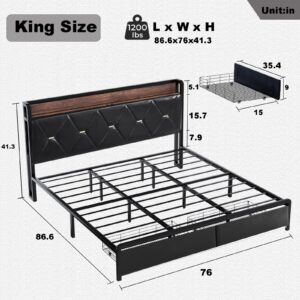 Ailisite King Size Bed Frame with Headboard and Storage Drawers, Black Upholstered Bed Frame King with Charging Station, Led King Platform Bed Frame Metal Bed Frame, No Box Spring Needed,Easy Assembly