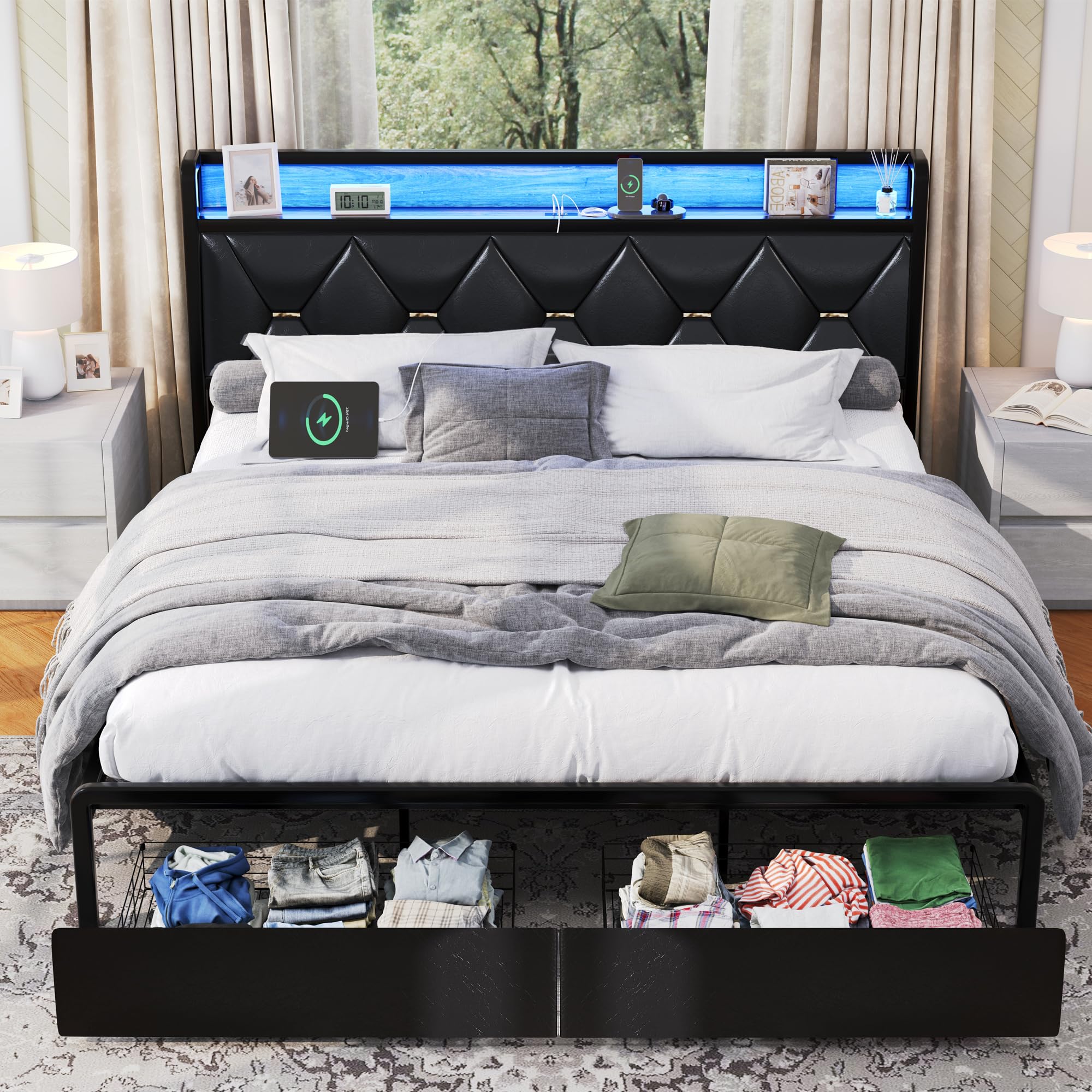 Ailisite King Size Bed Frame with Headboard and Storage Drawers, Black Upholstered Bed Frame King with Charging Station, Led King Platform Bed Frame Metal Bed Frame, No Box Spring Needed,Easy Assembly