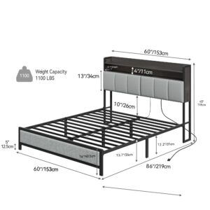 YITAHOME Queen Size Bed Frame, LED Bed Frame with Shelf Storage & Upholstered Headboard, Heavy Duty Metal Slats Platform Bed Frame with Charging Station, No Box Spring Needed, Gray