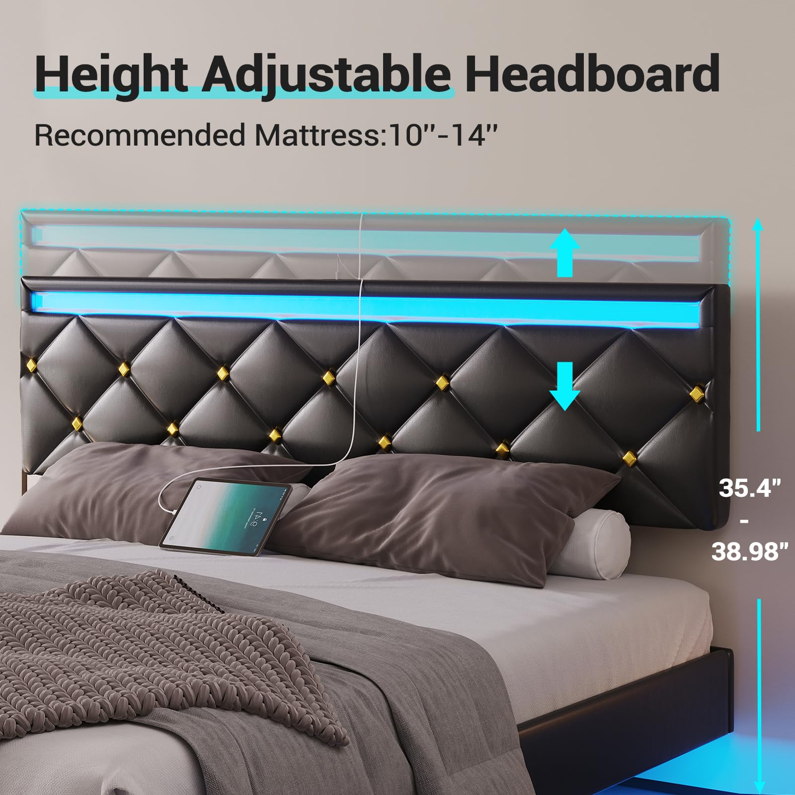 DICTAC Floating Bed Frame King Size with Led Lights and USB Ports,Faux Leather Platform King Bed Frame with Headboard, Low Profile King Led Bed Frame, No Box Spring Needed, Easy to Assemble, Black