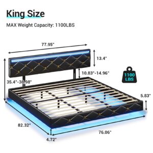 DICTAC Floating Bed Frame King Size with Led Lights and USB Ports,Faux Leather Platform King Bed Frame with Headboard, Low Profile King Led Bed Frame, No Box Spring Needed, Easy to Assemble, Black