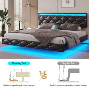 DICTAC Floating Bed Frame King Size with Led Lights and USB Ports,Faux Leather Platform King Bed Frame with Headboard, Low Profile King Led Bed Frame, No Box Spring Needed, Easy to Assemble, Black