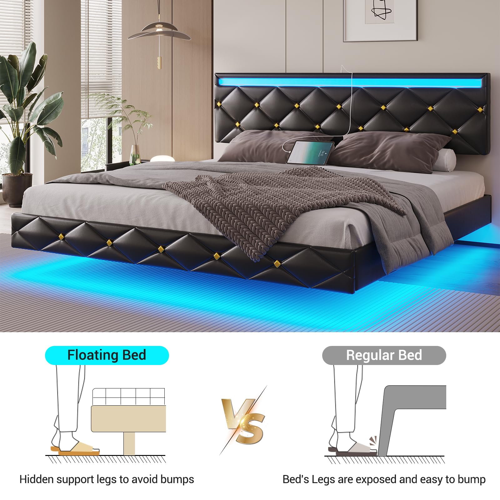 DICTAC Floating Bed Frame King Size with Led Lights and USB Ports,Faux Leather Platform King Bed Frame with Headboard, Low Profile King Led Bed Frame, No Box Spring Needed, Easy to Assemble, Black