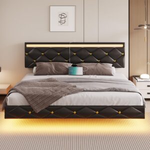 DICTAC Floating Bed Frame King Size with Led Lights and USB Ports,Faux Leather Platform King Bed Frame with Headboard, Low Profile King Led Bed Frame, No Box Spring Needed, Easy to Assemble, Black