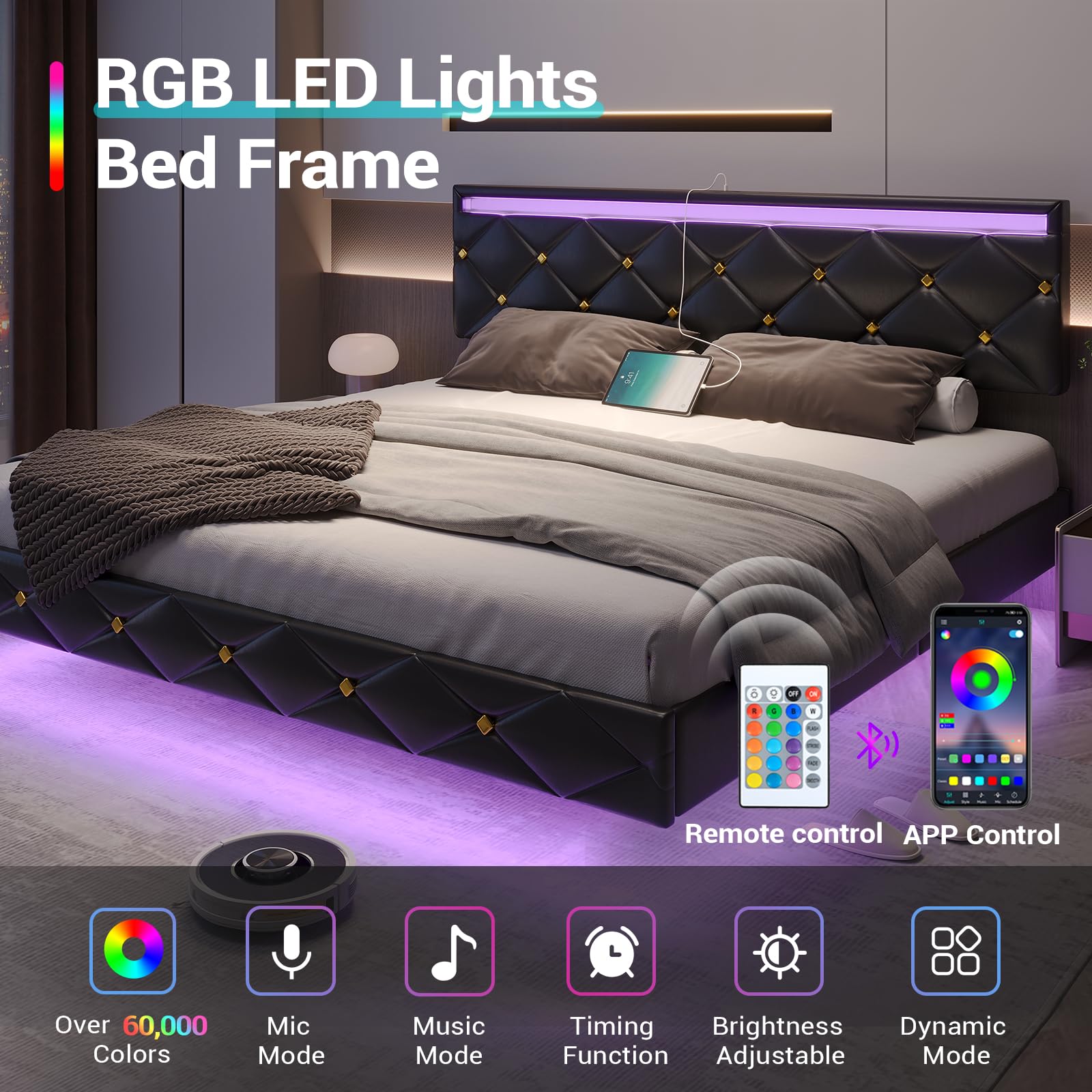 DICTAC Floating Bed Frame King Size with Led Lights and USB Ports,Faux Leather Platform King Bed Frame with Headboard, Low Profile King Led Bed Frame, No Box Spring Needed, Easy to Assemble, Black