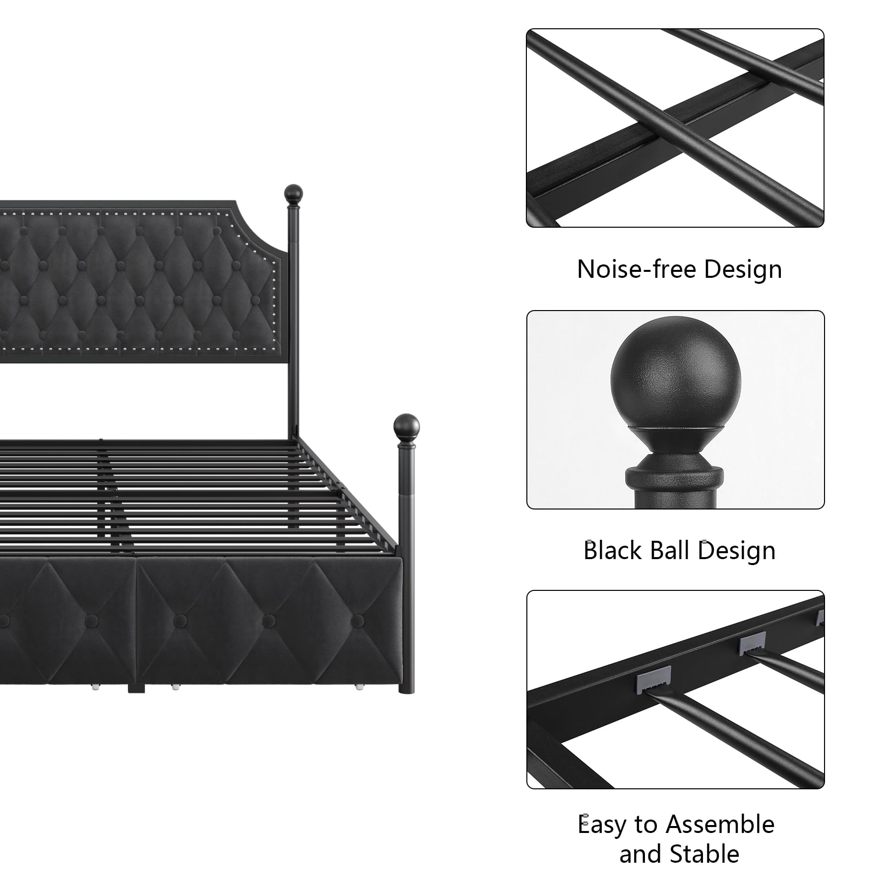 Keyluv King Upholstered Canopy Bed Frame with 3 Drawers and Button Tufted Headboard Metal Platform Bed with 4 Removable Posts Two-Purpose Velvet Bed No Box Spring Needed Dark Grey/Curtain Not Included