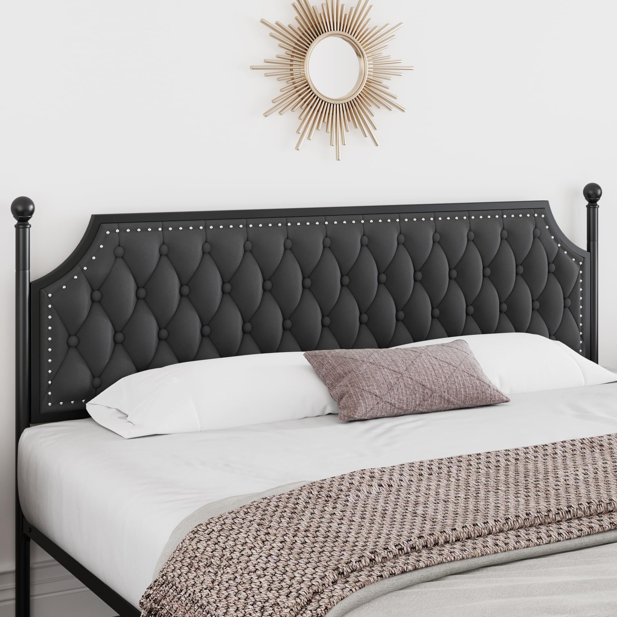 Keyluv King Upholstered Canopy Bed Frame with 3 Drawers and Button Tufted Headboard Metal Platform Bed with 4 Removable Posts Two-Purpose Velvet Bed No Box Spring Needed Dark Grey/Curtain Not Included