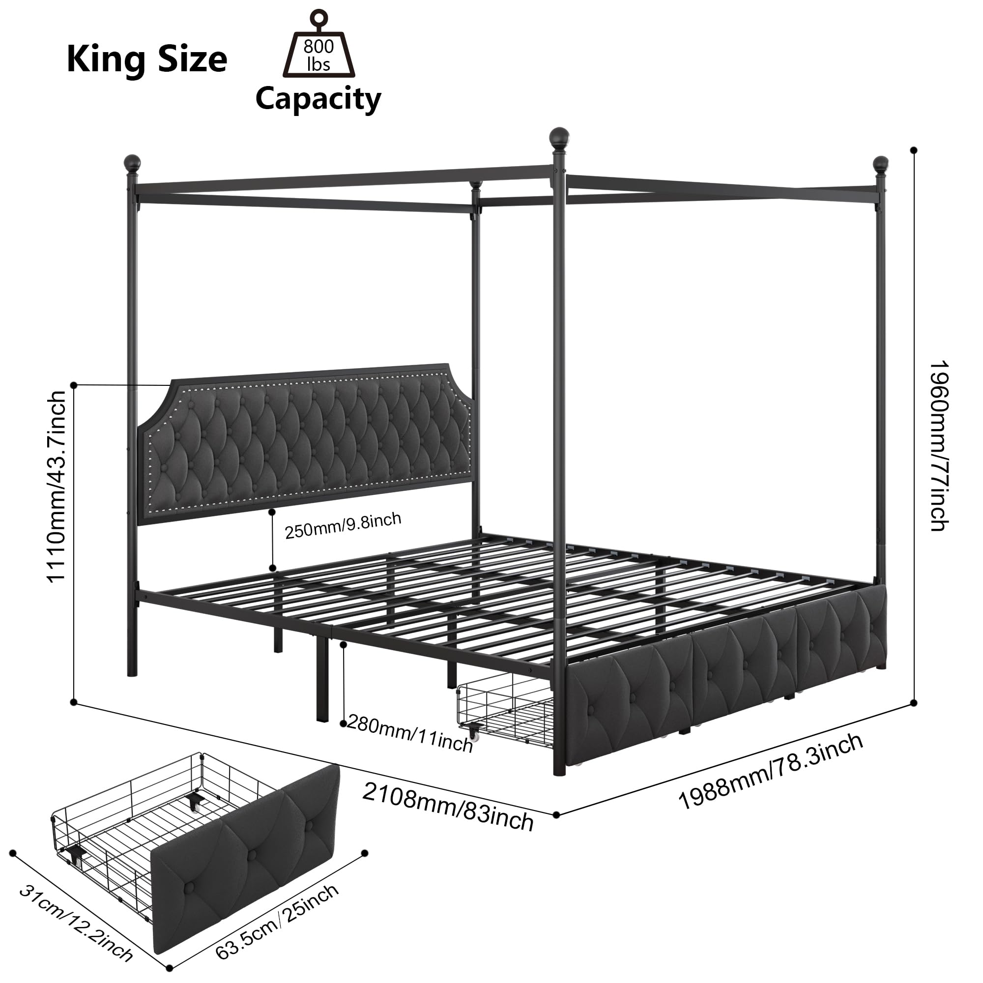 Keyluv King Upholstered Canopy Bed Frame with 3 Drawers and Button Tufted Headboard Metal Platform Bed with 4 Removable Posts Two-Purpose Velvet Bed No Box Spring Needed Dark Grey/Curtain Not Included