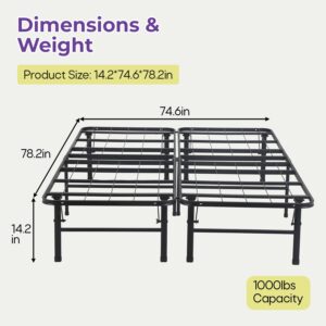 Bed Frame, Foldable Metal Platform Bed Frame Mattress Foundation Box Spring Replacement Heavy Duty Steel Slat Classic Metal for Home, Office, 14 Inch High, Black, King