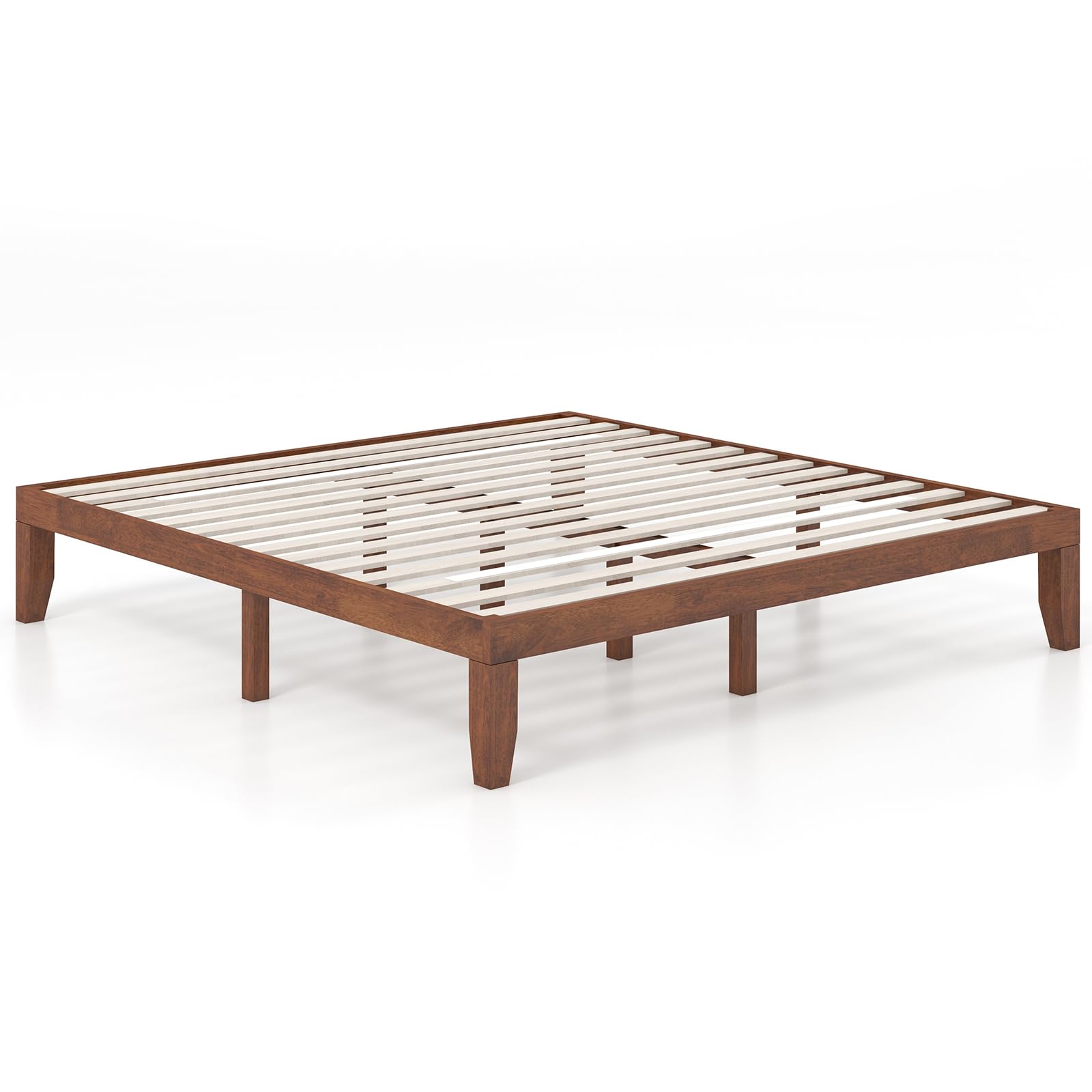 KOMFOTT 14 Inches Wood Platform Bed Frame King Size, Solid Wood Mattress Foundation with Rubber Wood Frame, Strong Poplar Wood Slat Support, No Box Spring Needed, Bed Frame (Brown Cherry)