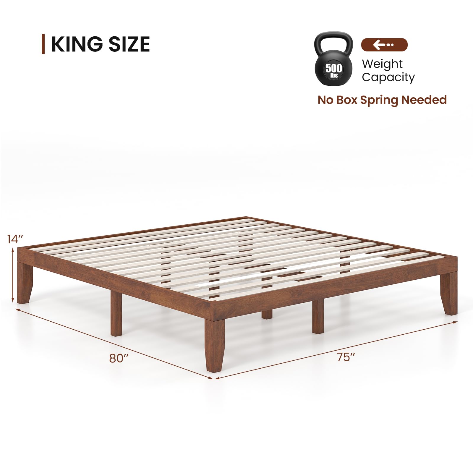 KOMFOTT 14 Inches Wood Platform Bed Frame King Size, Solid Wood Mattress Foundation with Rubber Wood Frame, Strong Poplar Wood Slat Support, No Box Spring Needed, Bed Frame (Brown Cherry)