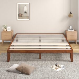 KOMFOTT 14 Inches Wood Platform Bed Frame King Size, Solid Wood Mattress Foundation with Rubber Wood Frame, Strong Poplar Wood Slat Support, No Box Spring Needed, Bed Frame (Brown Cherry)