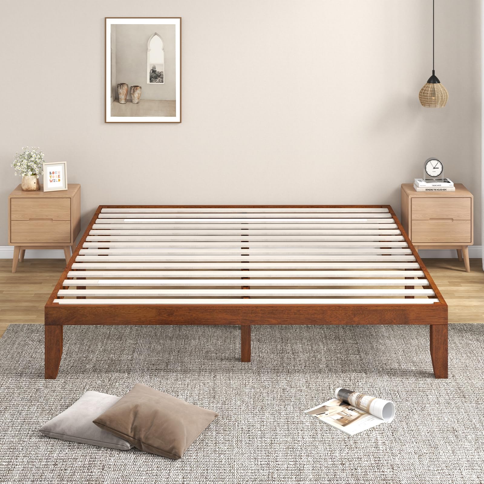 KOMFOTT 14 Inches Wood Platform Bed Frame King Size, Solid Wood Mattress Foundation with Rubber Wood Frame, Strong Poplar Wood Slat Support, No Box Spring Needed, Bed Frame (Brown Cherry)