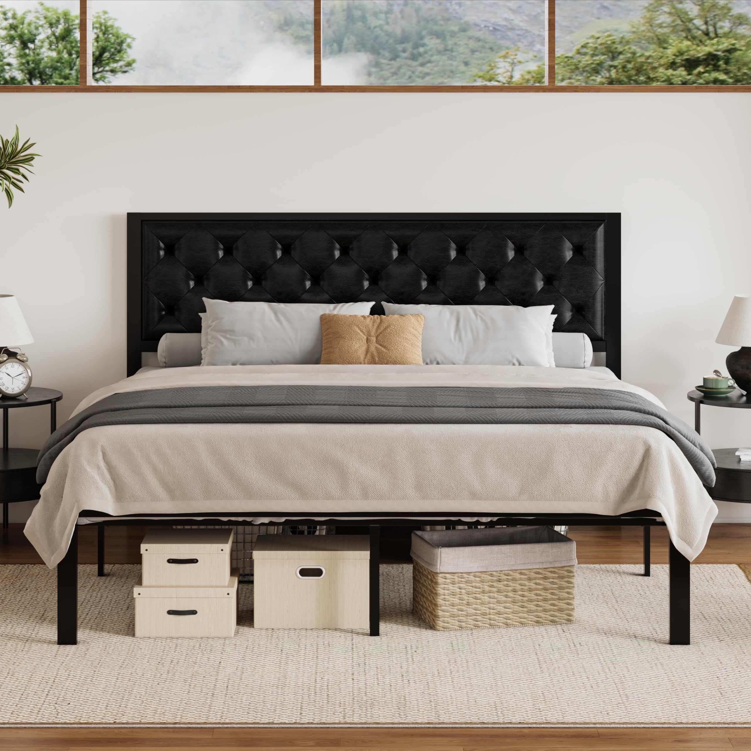 SHA CERLIN King Size Bed Frame, Metal Platform Bed with Faux Leather Upholstered Button Tufted Headboard, Mattress Foundation with 12.4” Storage, No Box Spring Needed, Easy Assembly, Black