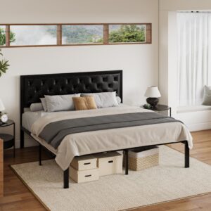 SHA CERLIN King Size Bed Frame, Metal Platform Bed with Faux Leather Upholstered Button Tufted Headboard, Mattress Foundation with 12.4” Storage, No Box Spring Needed, Easy Assembly, Black