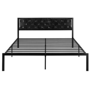 SHA CERLIN King Size Bed Frame, Metal Platform Bed with Faux Leather Upholstered Button Tufted Headboard, Mattress Foundation with 12.4” Storage, No Box Spring Needed, Easy Assembly, Black