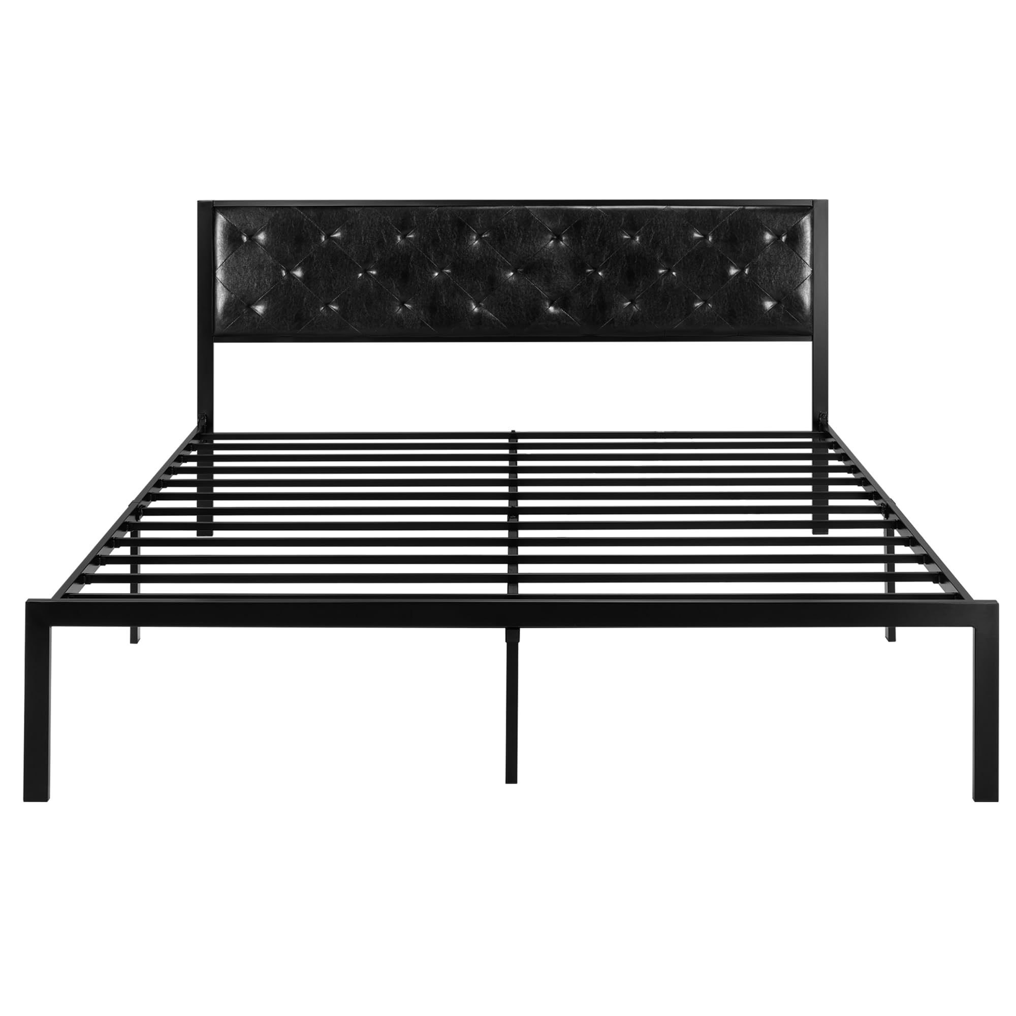 SHA CERLIN King Size Bed Frame, Metal Platform Bed with Faux Leather Upholstered Button Tufted Headboard, Mattress Foundation with 12.4” Storage, No Box Spring Needed, Easy Assembly, Black