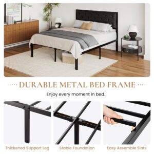 SHA CERLIN King Size Bed Frame, Metal Platform Bed with Faux Leather Upholstered Button Tufted Headboard, Mattress Foundation with 12.4” Storage, No Box Spring Needed, Easy Assembly, Black