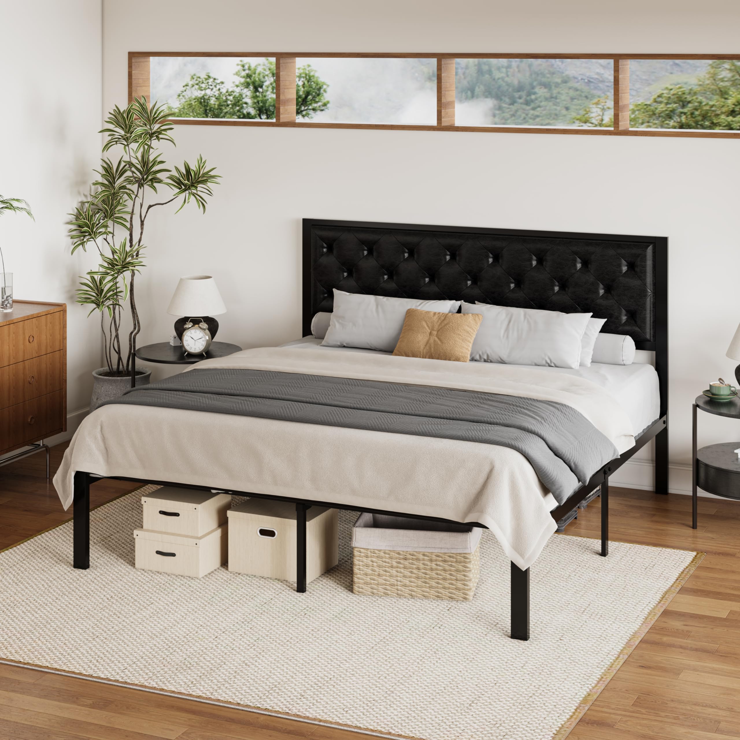 SHA CERLIN King Size Bed Frame, Metal Platform Bed with Faux Leather Upholstered Button Tufted Headboard, Mattress Foundation with 12.4” Storage, No Box Spring Needed, Easy Assembly, Black