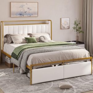 LIKIMIO King Bed Frame with Armrests Headboard & RGB Light, Modern Upholstered Bed Platform with Drawers, No Box Spring Needed, Study & No Noise Gold and White