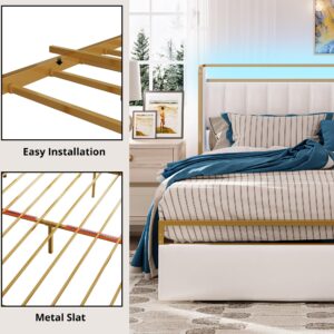 LIKIMIO King Bed Frame with Armrests Headboard & RGB Light, Modern Upholstered Bed Platform with Drawers, No Box Spring Needed, Study & No Noise Gold and White