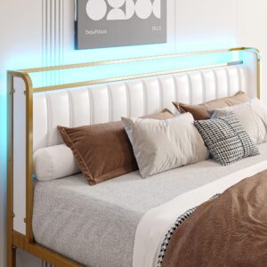 LIKIMIO King Bed Frame with Armrests Headboard & RGB Light, Modern Upholstered Bed Platform with Drawers, No Box Spring Needed, Study & No Noise Gold and White