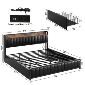 ANCTOR King Bed Frame with Storage Drawers Headboard & Footboard, Upholstered Platform Bed with USB Ports & Outlets, No Box Spring Needed