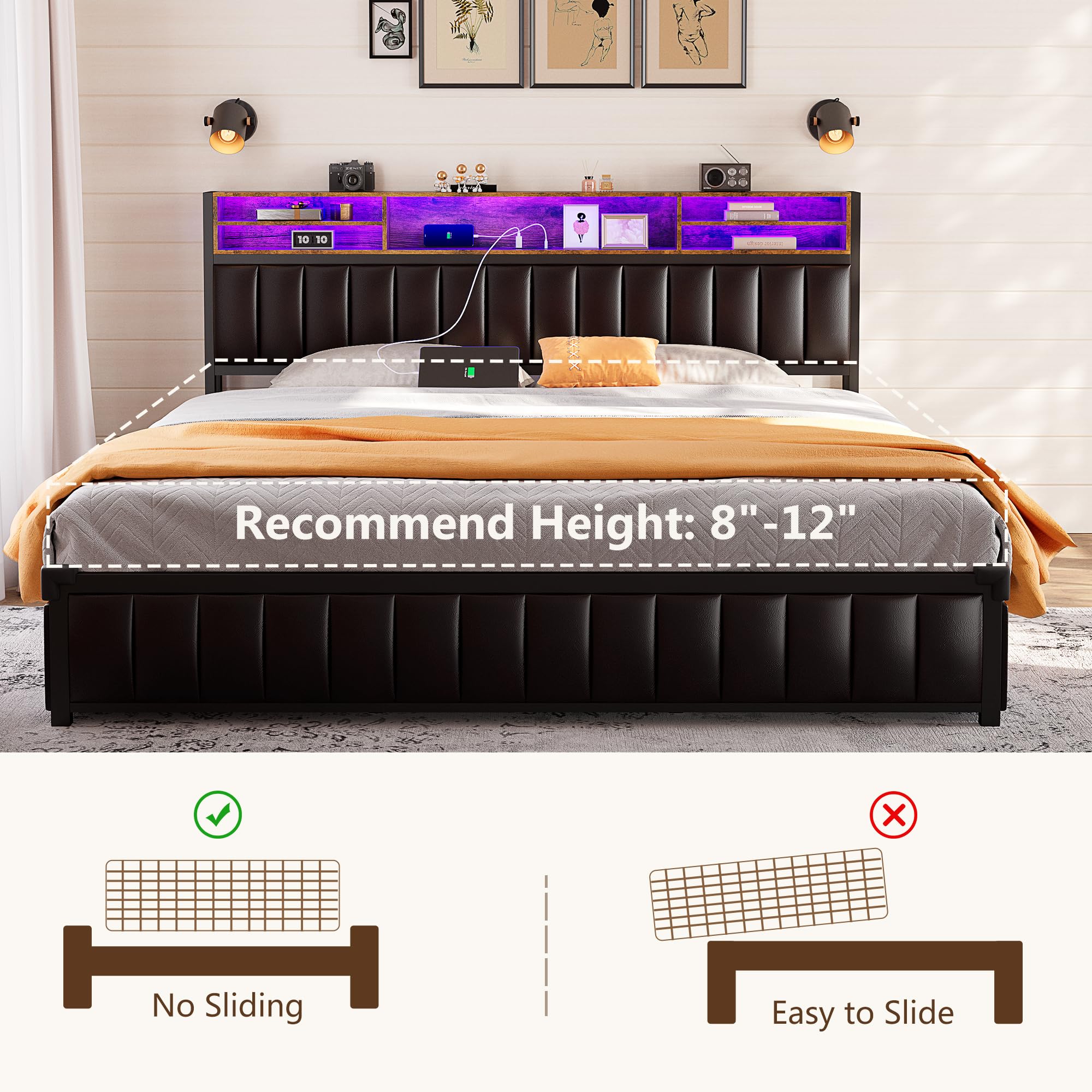 King Size Bed Frame with Bookcase Headboard and Charging Station, Upholstered Platform Bed King Size with 4 Storage Drawers & LED Lights, USB-C & USB Ports, Heavy Duty Slats, No Box Spring Needed