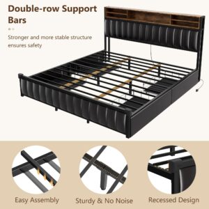 King Size Bed Frame with Bookcase Headboard and Charging Station, Upholstered Platform Bed King Size with 4 Storage Drawers & LED Lights, USB-C & USB Ports, Heavy Duty Slats, No Box Spring Needed