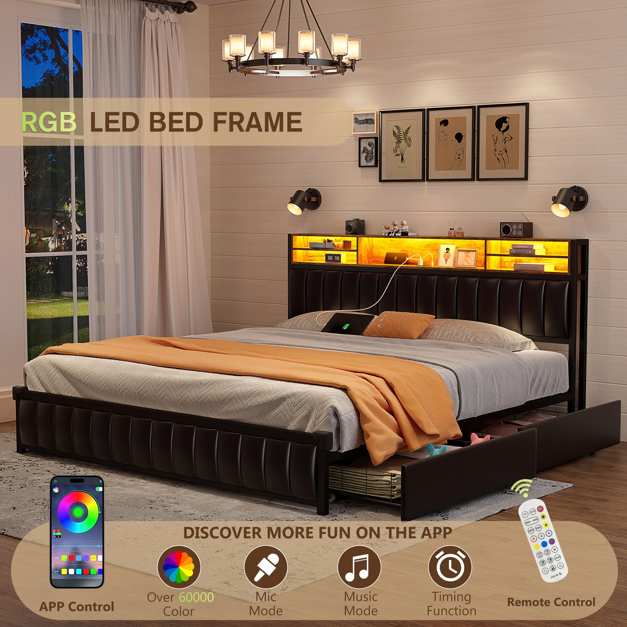 King Size Bed Frame with Bookcase Headboard and Charging Station, Upholstered Platform Bed King Size with 4 Storage Drawers & LED Lights, USB-C & USB Ports, Heavy Duty Slats, No Box Spring Needed