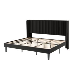 SHA CERLIN King Size Velvet Bed Frame with Vertical Channel Tufted Wingback Headboard, Upholstered Platform Bed with Wood Slats, No Box Spring Needed, Easy Assembly, Black