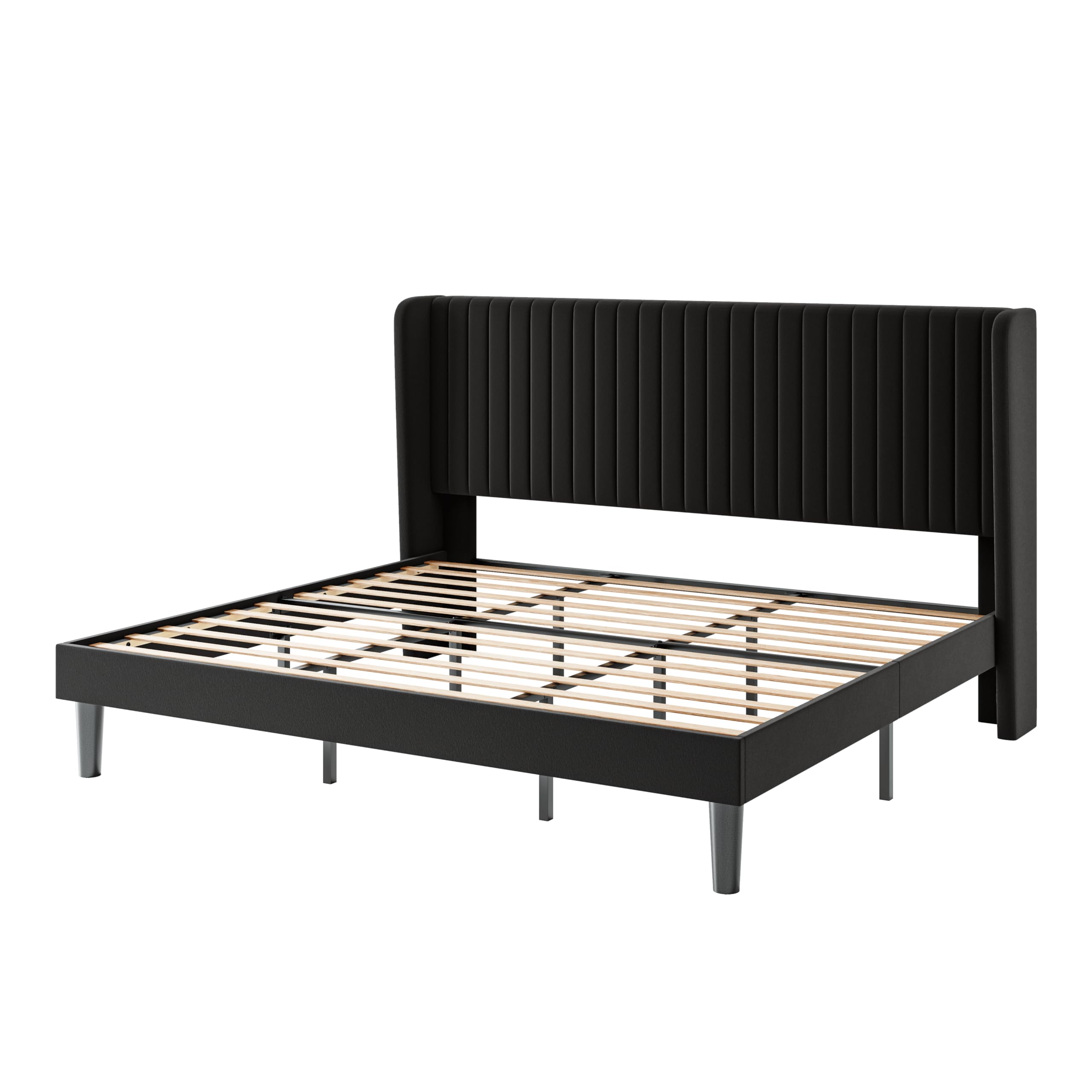 SHA CERLIN King Size Velvet Bed Frame with Vertical Channel Tufted Wingback Headboard, Upholstered Platform Bed with Wood Slats, No Box Spring Needed, Easy Assembly, Black